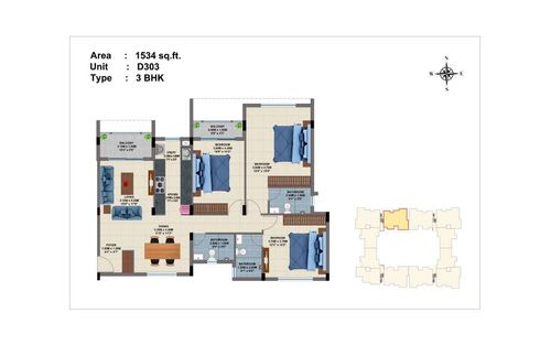 3 BHK D303 1534 Sqft