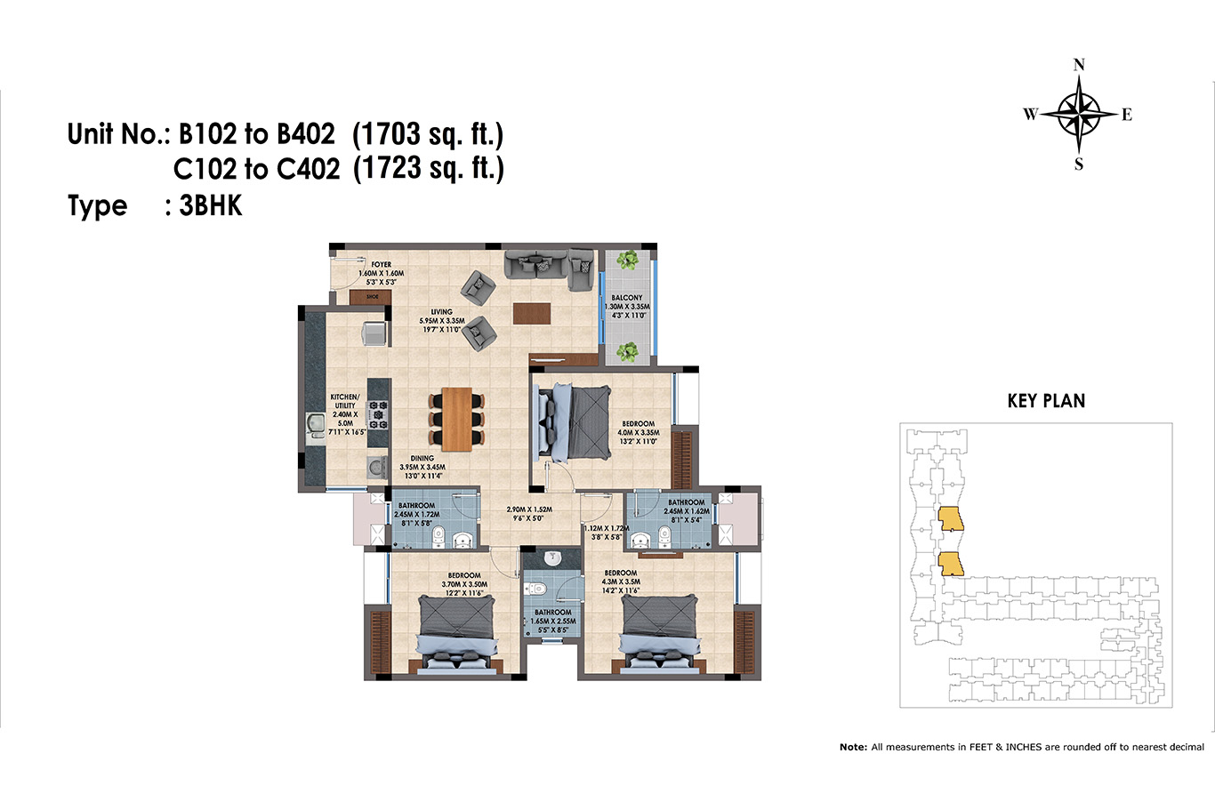 B102 to B402, C102 to C402(3BHK)