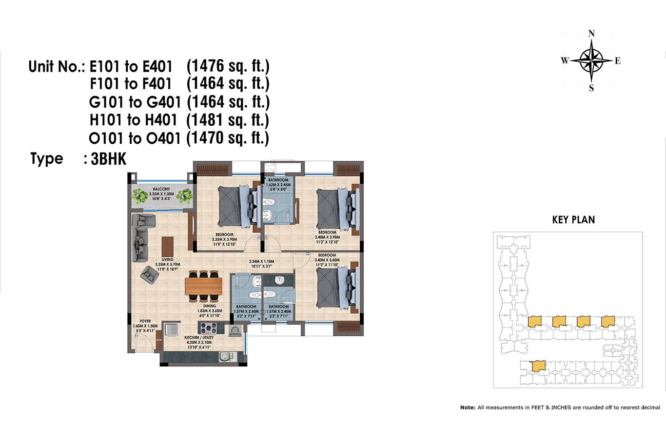 E,F,G,H,O 101 to 401(3BHK)