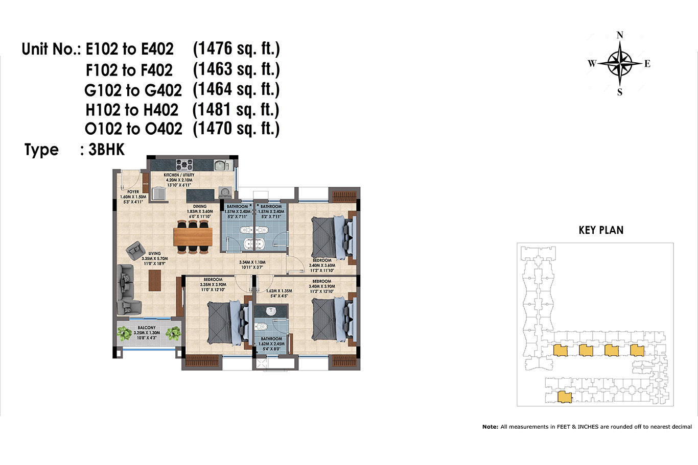 E,F,G,H,O 102 to 402(3BHK)