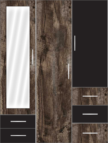 3 Door Wardrobe Design with external drawers and mirror | Pearl Black and Brown Woodscar