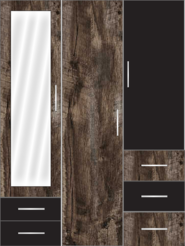3 Door Wardrobe Design with external drawers and mirror | Pearl Black and Brown Woodscar - Design 2