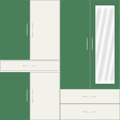 4 Door Wardrobe Design with external drawers and mirrors| Emerald and White Metal