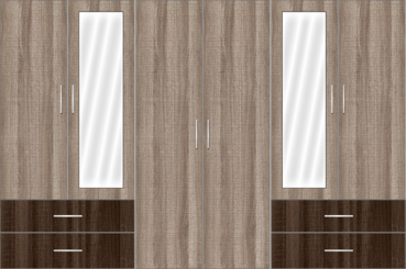 6 Door Wardrobe Design with external drawers and mirrors |Aggies Micas and Canterbury Oak - Design 1