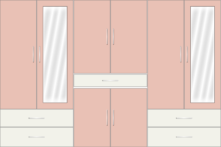 6 Door Wardrobe Design with external drawers and mirrors |White Metal and Rose Geranium
