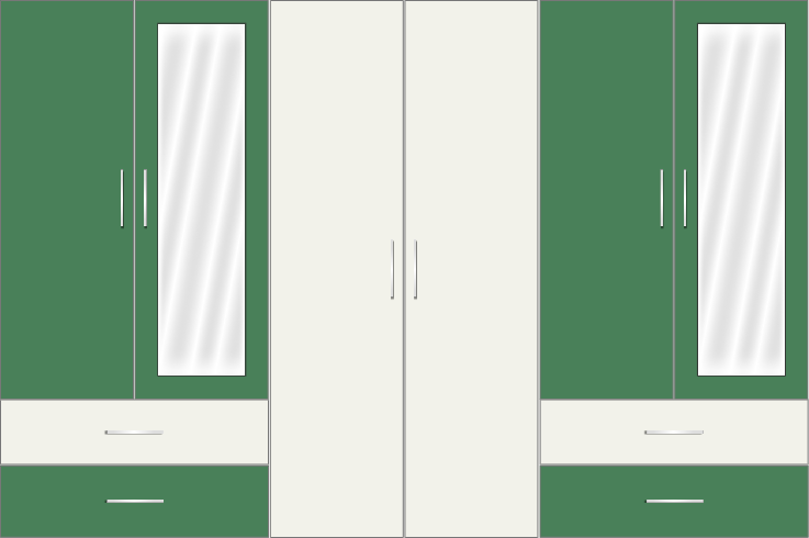 6 Door Wardrobe Design with external drawers and mirrors| White Metal and Emerald
