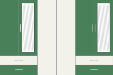 6 Door Wardrobe Design with external drawers and mirrors| White Metal and Emerald - Design 1