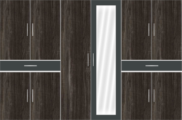 6 Door Wardrobe Design with full mirror and external drawers - Pearl Black and Draintree Oak - Design 1