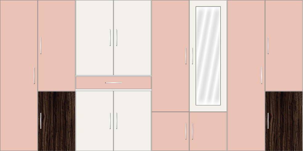 8 Door Wardrobe Design with external drawers and mirrors| Rose Geranium and White Metal